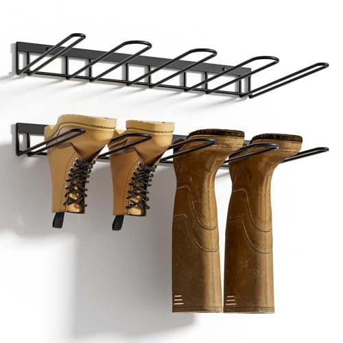 zacurter Boot Rack, Wader Hangers for Boot, Metal Wall Mounted Shoe Rack, 4 Pair Boot Organizer Rack for Tall Boots and Cowboy Boot, Boot Trays for Entryway,Garage (2 Pack), black