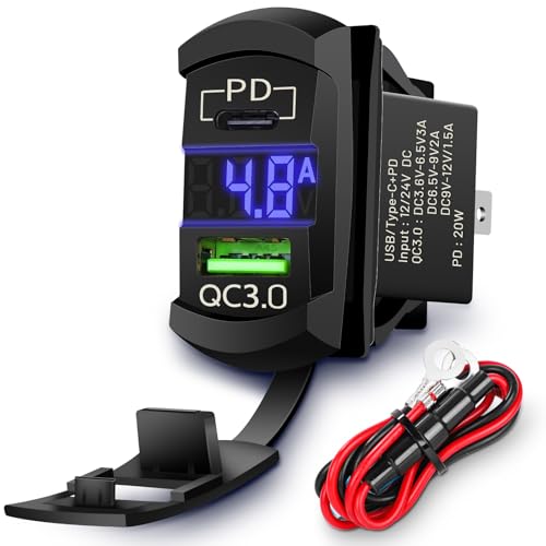Rocker Switch USB Type C Charger with New Updated Ammeter and Voltmeter Universal Fits Rocker Switch Panel 12V 24V Dual USB Charging Port Outlet for RV Cars Marine Boats ATVs Trailers - color: Blue, size: Type C USB Current-voltmeter