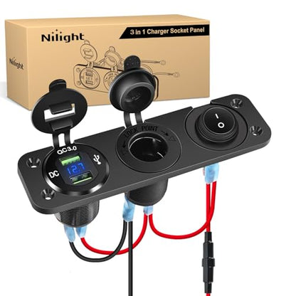 Nilight 4 in 1 Charger Socket Panel Dual QC3.0 USB with LED Voltmeter Display and Cigarette Lighter Power Cutoff Switch for CarsTrucks UTV ATV - color: Dual USB w/Switch