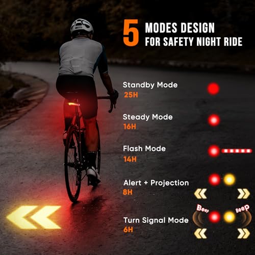 Vcwtty Smart Bike Tail Light, Wireless Remote Turn Signals with 120dB Audio Warning & Virtual Lane Projection, USB-C Rechargeable Rear Cycling Light, IP65 Waterproof Anti-Collision Safety Signal