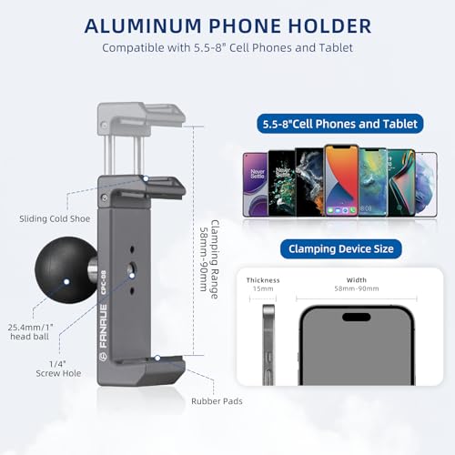 FANAUE Aluminum Phone Holder with 1" Ball Head Adapter Compatible with RAM mounts B Size Double Socket arm (CPC-08)