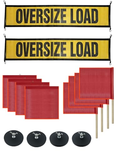 Magnetic Oversize Load Sign Kit, Magnetic Cargo Sign-2 Oversized Load Banner, 4 Red Flag Warning With Wire Loop-4 Red Safety Flags with Pole-4 Magnet Base for Hauling Oversize Loads on Trucks - color: Oversize Load Banner Kit