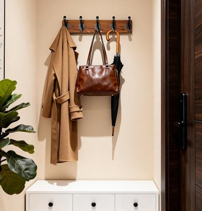 Coat Rack Wall Mount, Pre-Assembled 16" Coat Hooks with 5 Hooks, Heavy Duty Rustic Farmhouse Wood Plank Hooks for Hanging Hat, Clothes, Keys, Jacket, Purse - Door, Entryway, Mudroom - size: Pine wood - black hook