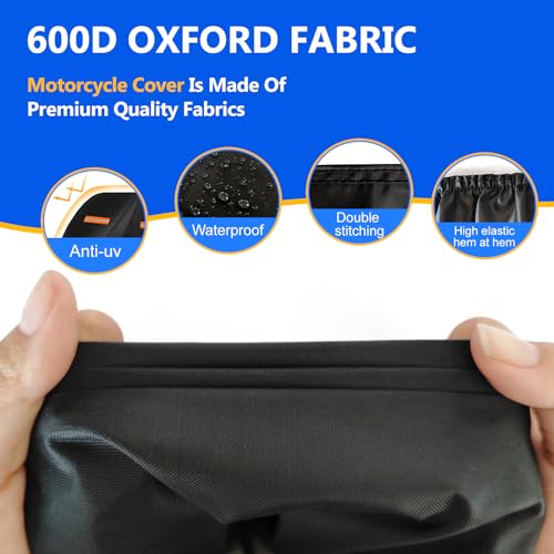 Motorcycle Cover, 600D Heavy Duty Waterproof Motorbike Cover,Dustproof Motorcycles Vehicle Cover Scooter Shelter Protection with Reflective Strips & Storage Bag 105" x 41" x 50" - size: 105" x 41" x 50"