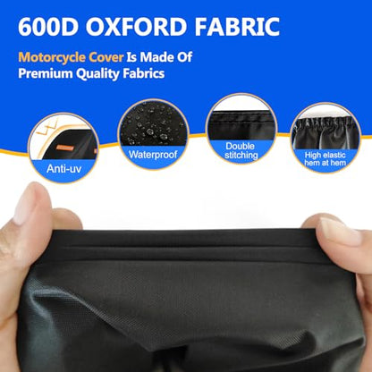 Motorcycle Cover, 600D Heavy Duty Waterproof Motorbike Cover,Dustproof Motorcycles Vehicle Cover Scooter Shelter Protection with Reflective Strips & Storage Bag 105" x 41" x 50" - size: 105" x 41" x 50"