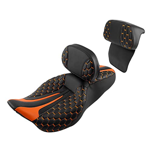 C.C. RIDER Low Profile Touring Seat - Driver Rider Passenger Seat For Harley Davidson Touring Road King Street Glide Road Glide Electra Glide CVO 2014-2023 - color: Black Orange Rider Seat + Sissy Bar