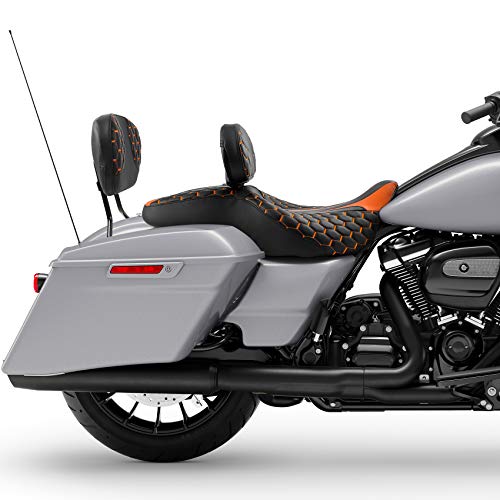 C.C. RIDER Touring Seat Sissy Bar - Passenger Backrest Driver Passenger Sissy Bar for Harley Davidson Touring Road King Street Glide Road Glide Electra Glide CVO 2009-2023 - color: Black Orange Rider Seat + Backrest