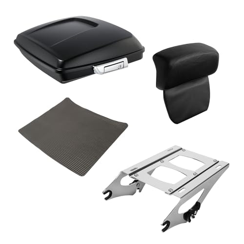 XFMT Motorcycle 5.5" Matte Black Razor Trunk Luggage W/Backrest Pad + Chrome Mount Rack For Harley Touring Road King Street Glide Road Glide Electra Glide Ultra Classic 2014-Later - color: Matte Black Set 3