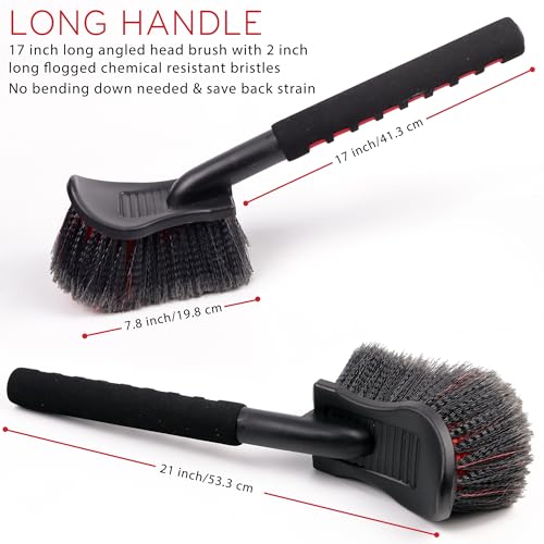 TAKAVU 17.5" Long Handle Tire Brush - Soft Bristle Wheel & Tire Cleaning Brush for Car, Scratch-Free Gentle Brush Reaches Wheel Wells, Safe for Chrome Rims & Alloy Wheels (Red) - color: Red