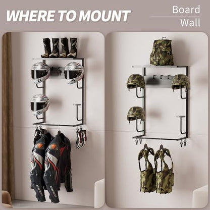 Motorcycle Helmet Holder Wall Mounted, Helmet Holder Wall Mount with Helmet Rack, 4 Glove Chips and 4 hooks, Rustic Helmet Holder and Motorcycle Helmet Rack for Most of Helmet and Clothes (Grey) - color: Grey
