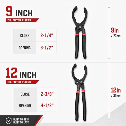 3-Piece Oil Filter Wrench Set, 9" & 12" Adjustable Oil Filter Pliers with 3-Jaw Universal Oil Filter Removal Tool, Oil Change Tool for Car, Motorcycle, Truck & Home Garage Maintenance