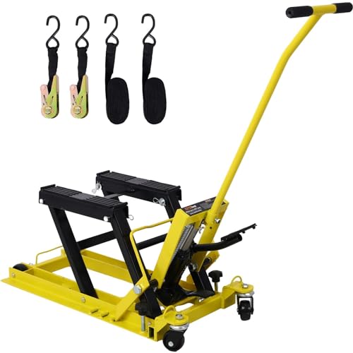 Hydraulic Motorcycle Lift Jack - 1500 Lbs Capacity, Portable ATV Scissor Lift Table with 4 Wheels, Foot-Operated Hoist Stand with Tie-Down, Yellow - color: Yellow