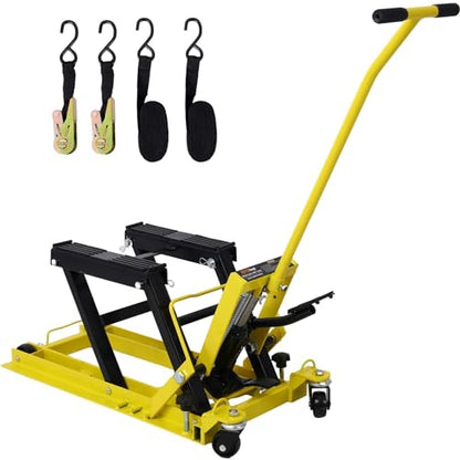 Hydraulic Motorcycle Lift Jack - 1500 Lbs Capacity, Portable ATV Scissor Lift Table with 4 Wheels, Foot-Operated Hoist Stand with Tie-Down, Yellow - color: Yellow