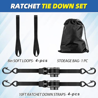 Retractable Ratchet Strap Heavy Duty 4 Pack 10 FT 1800 LB Break Strength Ratchet Tie Down with Safety Lock S Hooks and Soft Loop Tie Down. - color: 4-pack