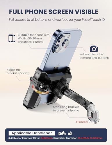 Grefay Motorcycle Phone Mount, 1S Quick Release. Anti Shake Motorbike Phone Holder for 4.0-7.0 Inch Smartphone for Motorcycle Mirror Phone Mount with 360° Rotatabe