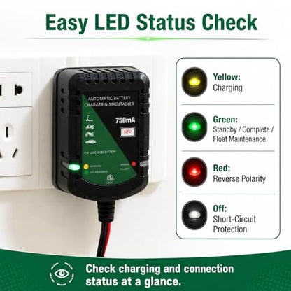 Unocho 12V Battery Charger 750mA Automatic Trickle and Float Maintainer for Lead-Acid Batteries, SAE Quick Disconnect with Clips and Ring Terminals for Motorcycle, Car, ATV, Boat, Lawn Mower