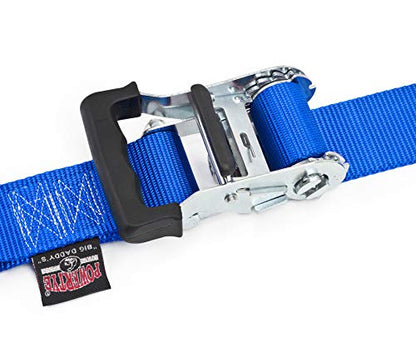 PowerTye 2in x 7ft Premium Trailer Kit with Big Daddy Ratchet Tie-Downs, Secure Hooks, Soft-Tye, & Storage Bag - Made in USA - 1,500 lb. WLL / 4,500 lb. Breaking Strength - Blue (Pair) - color: Blue Strap/Black Soft-Tye