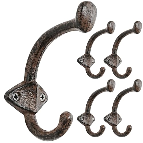 Dseap Cast Iron Wall Hooks L=5”, Heavy Duty Coat Hooks, Rustic Vintage Farmhouse Hook for Hanging Winter Coats Jackets Towels Hats Bags Plants, Antique Brown, Pack of 5 (ShieldBold) - color: Brown, size: L=5" (Pack of 5)