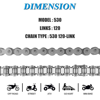 530 X-Ring 120 Links Drive Chain Universal Kit for 50/70/90/110/125/196/212cc Engines Fits SSR TaoTao Coolster Baja ATVs Mini Bikes Dirt Bikes Go-Karts and Includes Chain Breaker Tool