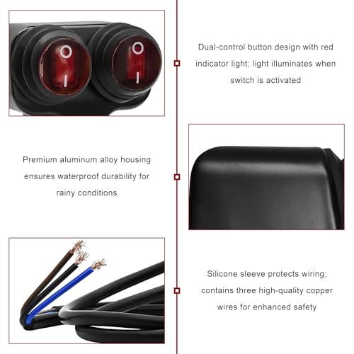 7/8" Motorcycle Light Bar Switch, Waterproof 12V 6A Handlebar Double Control Push Button Switch, Aluminium Alloy ATV ON/Off Switches for Headlights Spotlights Fog Lights