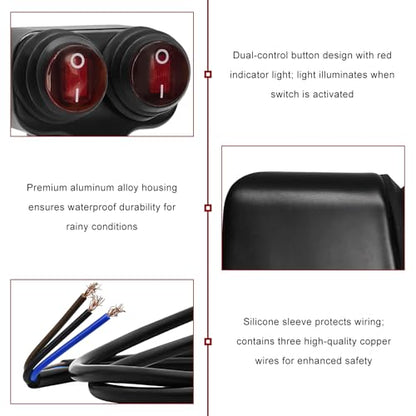 7/8" Motorcycle Light Bar Switch, Waterproof 12V 6A Handlebar Double Control Push Button Switch, Aluminium Alloy ATV ON/Off Switches for Headlights Spotlights Fog Lights