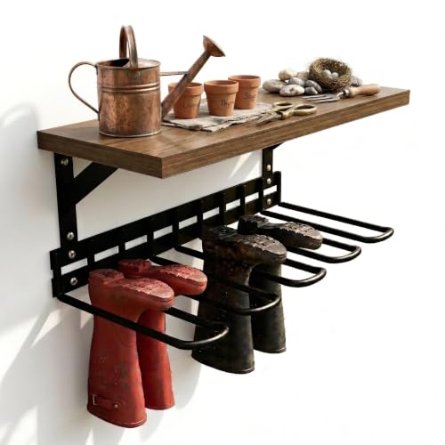 Decoroca Wall Mount Boot Rack, Garden Tool Organizer With 5 Curved Hooks & Wood Shelf, Heavy Duty Wader Boot Hangers Organizer Rack Trays for Outdoor/Indoor, Garden, Garage - size: 1 Pc