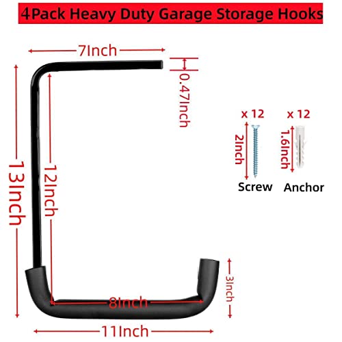 Heavy Duty Garage Storage Hooks, Overhead Garage Storage Rack, 4 Pack Wall Mounted Ladder Hook, Utility Ceiling Hangers & Organizer for Wood,Tools, Bicycle (10 x 14 Inch) - size: 11inch