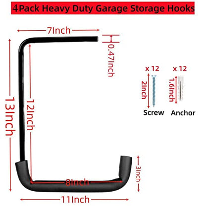 Heavy Duty Garage Storage Hooks, Overhead Garage Storage Rack, 4 Pack Wall Mounted Ladder Hook, Utility Ceiling Hangers & Organizer for Wood,Tools, Bicycle (10 x 14 Inch) - size: 11inch