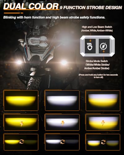 BraveWAY Motorcycle Fog Lights 60W 18000LM 9 Modes Strobe LED Driving Spotlight Auxiliary with Amber White Dual Color Offroad Aux Light Plug and Play Wiring Harness Kit and 2 Mounting Brackets - color: Moto-F1-1 LENS