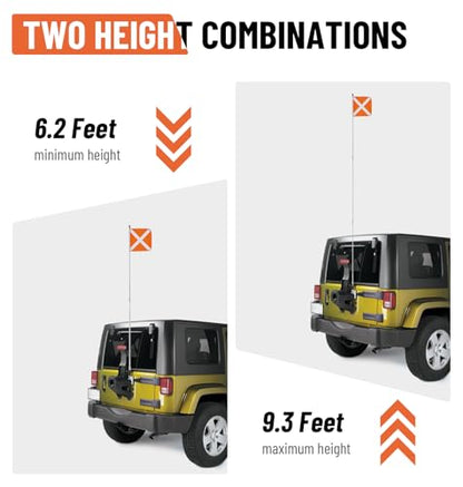 Sand Safety Flag with Barrel Spring Mounting Base, 12" x 12" PVC Reflective Flag, 9.3Ft Max Height, Compatible with UTV, ATV SUV, Truck & Off-road