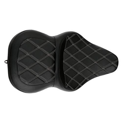 C.C. RIDER Driver Leather Passenger Seat - Fat Diamond 2-Up One-Piece Fit for Harley Touring Road King Street Glide Road Glide Electra Glide 2009-2023 - color: Grey with Coffee Stitches