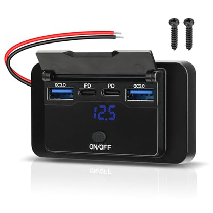12V USB Outlet Panel 78W Wall Mount Power Outlet with Blue Voltmeter Dual 36W PD & Dual 18W QC3.0 Car USB Port Lightweight 12V USB Charger with ON/Off Switch - size: Pack of 1 with 4 Port / 78W