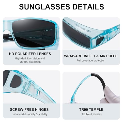 Wzerry Sunglasses Fit Over Glasses Polarized for Men Women, Wrap-Around Glasses UV400 Protection for Driving and Outdoor - color: Black/Grey + Transparent Grey/Grey + Transparent Blue/Grey