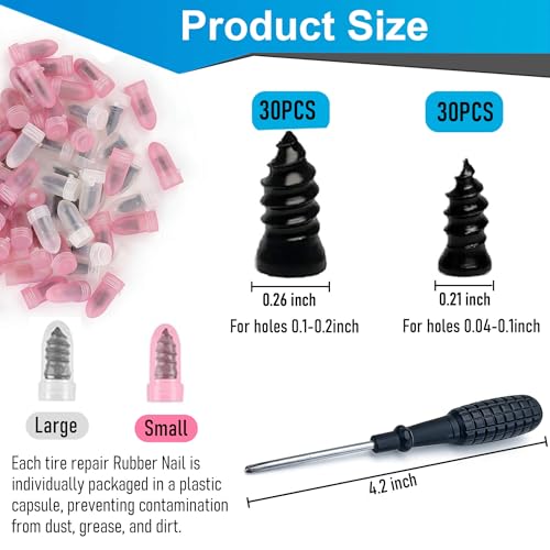 61PCS Tire Repair Rubber Nails Kit .Tire Screw Plug Repair Kit with Box and Screwdriver, Self Screw in Tire Repair Plugs for Car, Motorcycle, Truck, Tractor Tire Puncture Repair