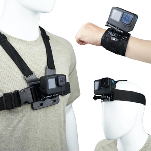 Action Camera Accessories Head Strap + Chest Mount + Wrist Strap Compatible with Gopro Hero 13/12/11/10/9/8/7/6/5/Max, AKASO EK7000/Brave 4/7 LE/V50X, DJI Osmo, VEMONT/WOLFANG/Icefox/Apexcam