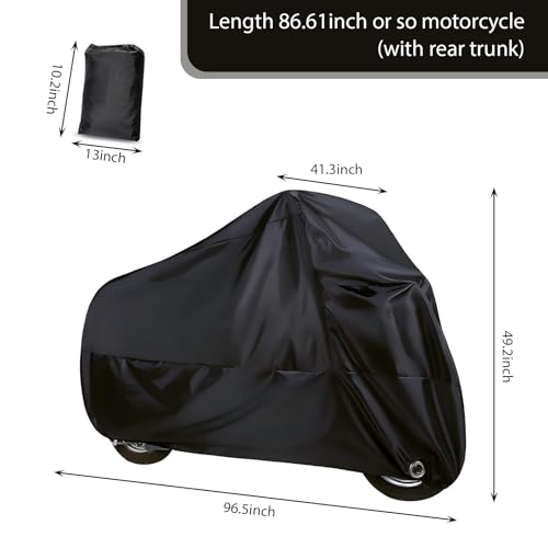 Pack-1 Motorcycle Cover, 96.4" x 41.3" x 49.2" Waterproof Sunproof Outdoor Protector for All Seasons, Foldable Buckle with Lock Design Anti-Theft Cover, Universal for Motorcycles (Black)