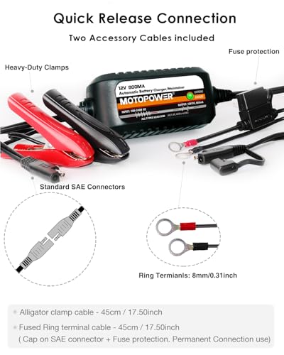 MOTOPOWER MP00205C 12V 800mA Automatic Battery Charger, Battery Maintainer, Trickle Charger, and Battery Desulfator