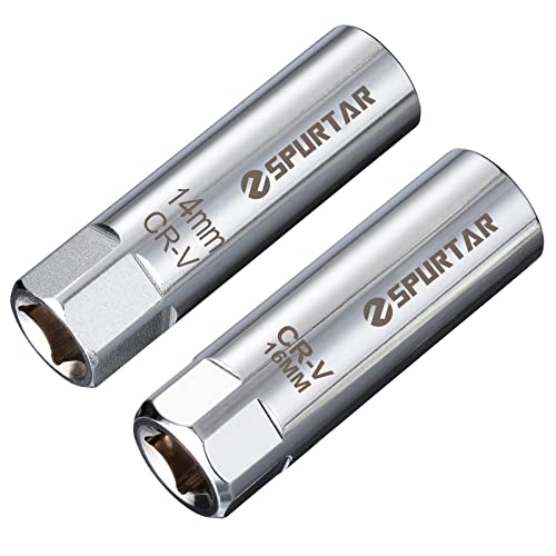 Spurtar 14mm 16mm Spark Plug Socket Set Thin Wall 12-Point 3/8-Inch Drive Spark Plug Tool Set for Auto, Fits BMW Peugeot Benz Nissan Cars Motorcycle SUV ATV with Spring Clips 2pcs CRV Steel Tool - size: 14mm & 16mm Set