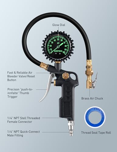 AstroAI Tire Pressure Gauge with Inflator, 100 PSI-ANSI B40.1 Accurate, Large 2.5" Easy Read Glow Dial, Heavy Duty Air Chuck and Compressor Accessories with Rubber Hose and Quick Connect Coupler - style: without case