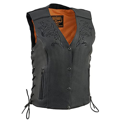 Milwaukee Leather ML1296 Women's Black Leather Side Laced Motorcycle Vest w/Reflective Tribal - color: Black, size: 5X-Large