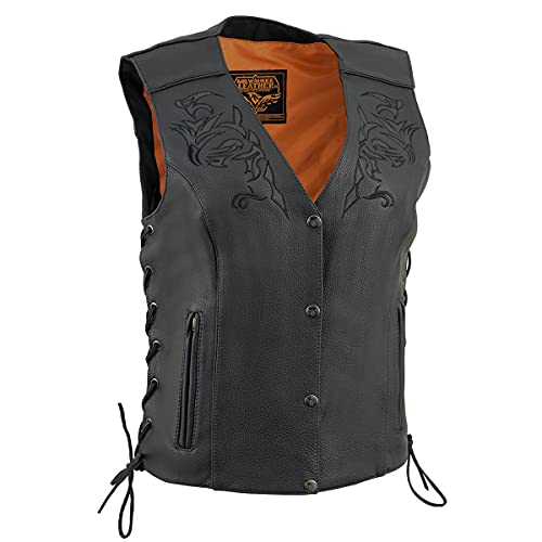Milwaukee Leather ML1296 Women's Black Leather Side Laced Motorcycle Vest w/Reflective Tribal - color: Black, size: Medium