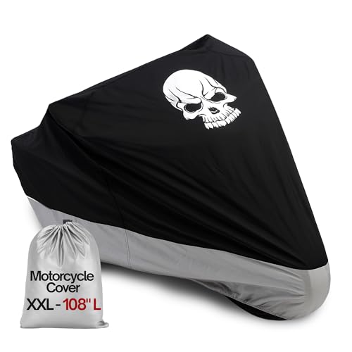 Formosa Covers All-Season Motorcycle Cover – Heavy-Duty Rain and UV Protection, Heat-Resistant – Universal Fit Up to 108" – Lock-Holes, Reflective Strips – Indoor/Outdoor Bike Protection (XXL, Skull) - size: XXL Motorcycle - Skull