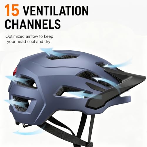 Bike Helmet, Helmets for Adults Men, Front and Back LED Lights Safe Certified MTB Road Bicycle Helmet with Adjustable Brim - color: Blue, size: L (59-61cm)