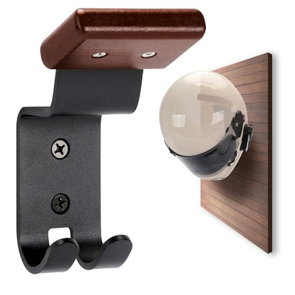 Motorcycle Helmet Holder Wall Mount - Solid Wood & Steel Gear Organizer Rack with 2 Hooks, Heavy Duty Display Hanger for Helmets, Football Gear, Ski Equipment, Hats, Jackets