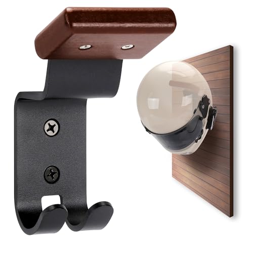 Motorcycle Helmet Holder Wall Mount - Solid Wood & Steel Gear Organizer Rack with 2 Hooks, Heavy Duty Display Hanger for Helmets, Football Gear, Ski Equipment, Hats, Jackets