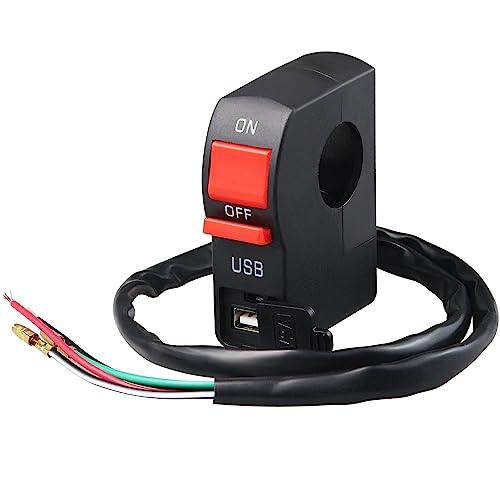 7/8″ Motorcycle Handlebar On Off Push Button Switch with 12V5A USB Charger Headlight Control Switch 4 Wires Replacement Parts Compatible for Most Motorcycle, ATV, Scooter or Snowmobile.