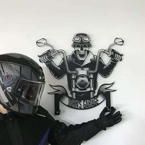 Custom Metal Skull Garage Wall Hanger – Personalized “Your Name Garage” Helmet and Jacket Rack – Handmade Laser Cut Black Steel Wall Art for Motorcycle Lovers Gift (79X89cm/31X40 Inches) - size: 79X89cm/31X40 Inches