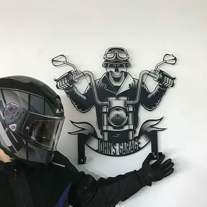 Custom Metal Skull Garage Wall Hanger – Personalized “Your Name Garage” Helmet and Jacket Rack – Handmade Laser Cut Black Steel Wall Art for Motorcycle Lovers Gift (79X89cm/31X40 Inches) - size: 79X89cm/31X40 Inches