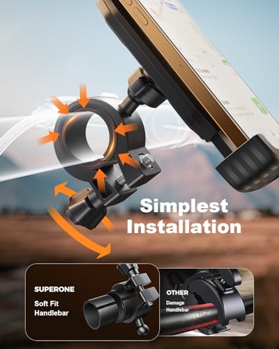 SUPERONE Bike Phone Holder, [Silicone Wrapped] [1s Lock] Motorcycle Cell Phone Holder Mount, Bicycle Scooter Handlebar Clamp for iPhone 17 16 15 Air Pro Max, S25 S24 Ultra, More 4.7-7.2" Phones - color: Matte Black