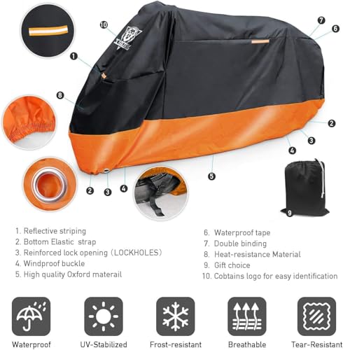 XYZCTEM Motorcycle Cover – All Season Waterproof Outdoor Protection – Precision Fit up to 104 Inch Tour Bikes, Choppers and Cruisers – Protect Against Dust, Debris, Rain and Weather (Black& Orange) - size: 104"